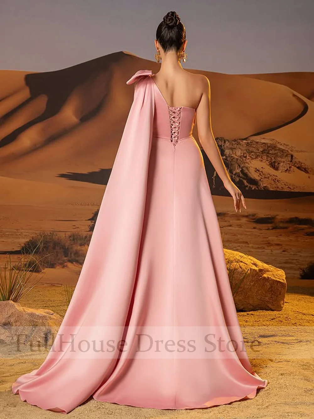 Ocasión a medida Vestido de noche nupcial de un hombro rosa moderno Vestido de fiesta de graduación hasta el suelo con cordones en la espalda con corte