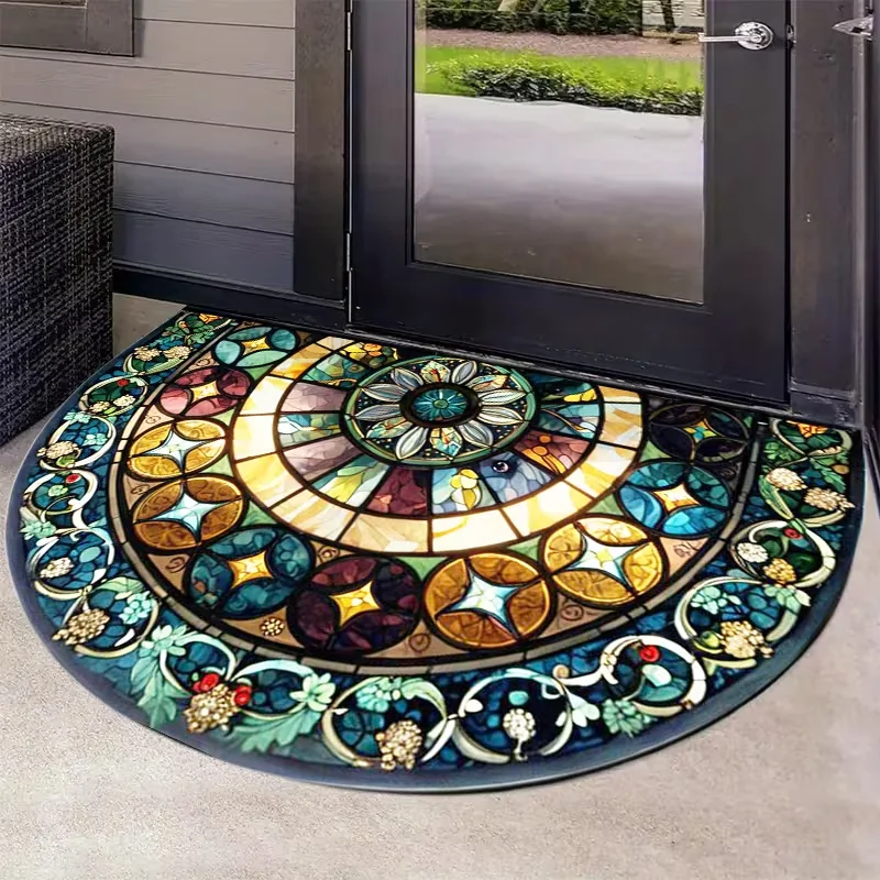Glass Flower Window Printed Semi-circular Carpet Elegant and Vibrant Floral 2D Printed Carpet Living Room Bedroom Kitchen Carpet