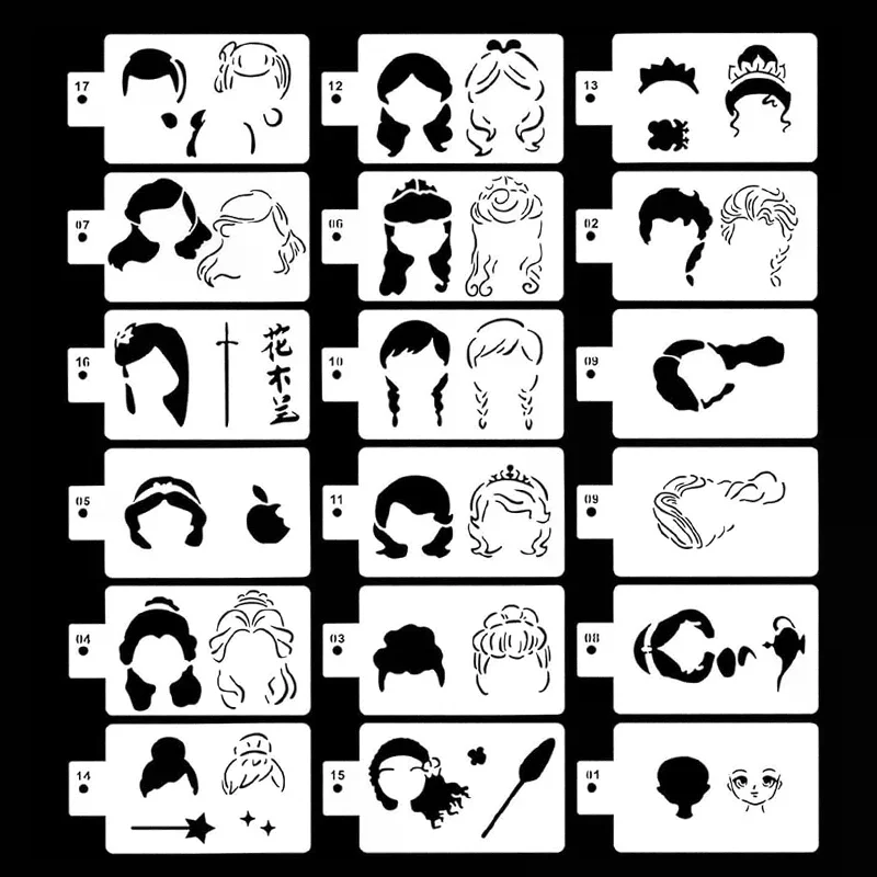 

18 шт., полые шаблоны для рисования тела, многоразовые шаблоны для рисования для девочек и принцессы, праздничная вечеринка, макияж, боди-арт, шаблоны для рисования