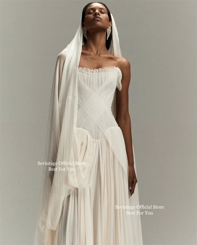 Sevintage Ivory Elegant Chiffon Wedding Dresses Sleeveless Pleated A-Line Bridal Dresses Floor Length Formal Prom Gowns Customiz
