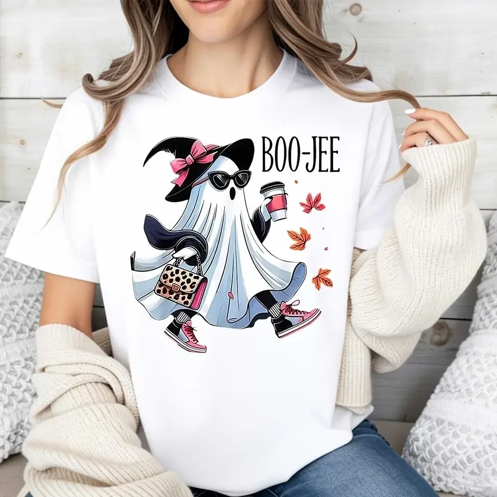 Boo-Jee Ghost With Coffee And Leopard Bag Print T-Shirt, Halloween Autumn Fashion Top, Casual Party Wear