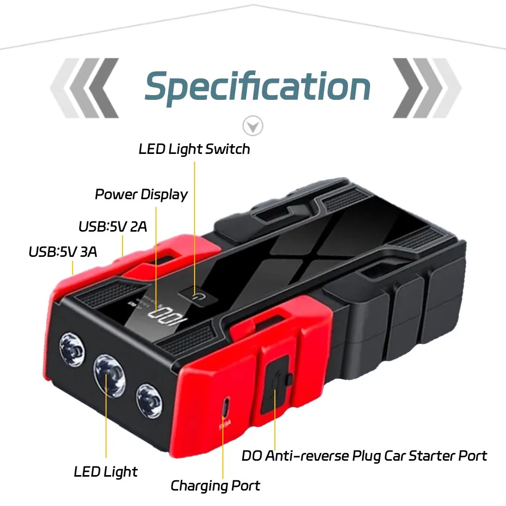 12V Car Jumper Starter 3000A, Portable Car Battery Jumper Starter with Jumper Cables, 99800mAh Power Bank with 3 Flashlight