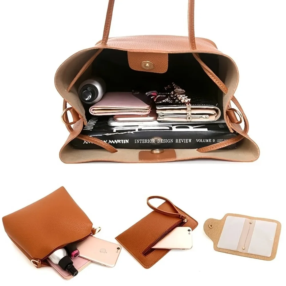 4 Piece Set Large Capacity Leather Handbag Pure Colour Lychee Texture Shoulder Bag Bucket Bag Wallet Handbag