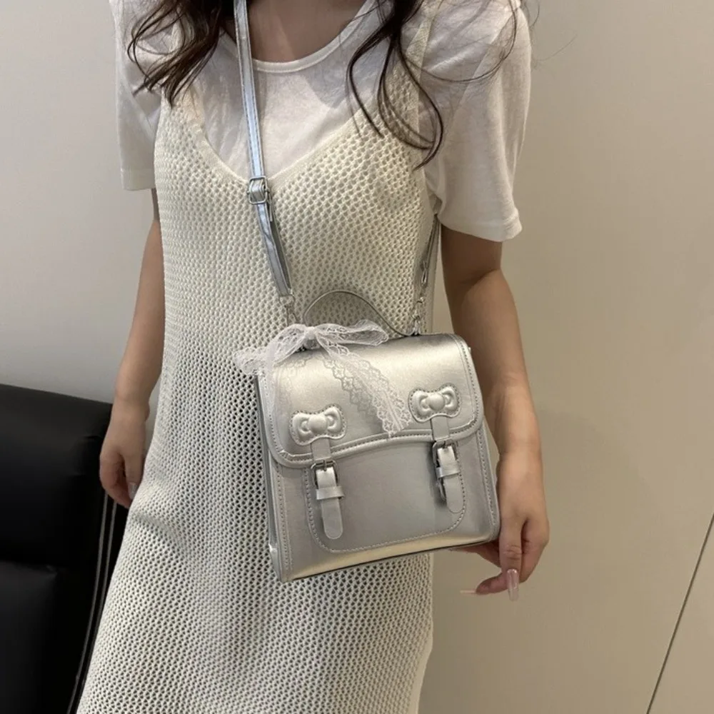 

College Style Backpack For Women Girl Fashion Versatile Sweet Bow Backpack Handheld Small Square Bag Student School Bag
