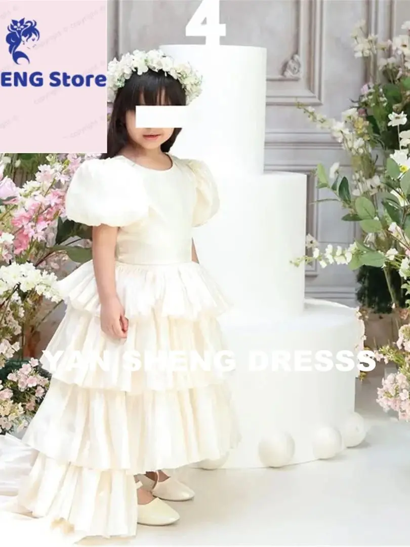 فستان أميرة رسمي طويل مخصص بطيات أنيق لأول مرة للفتيات بطول الكاحل فستان كلاسيكي لفتاة الزهور