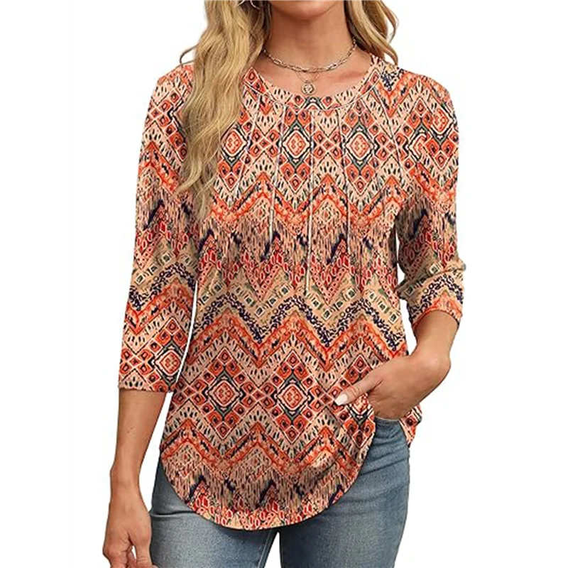 

FX-3/4 Length Sleeve Womens Tops Round Neck Casual Tunic Tops Basic Pleated Shirts Loose Fit 2025