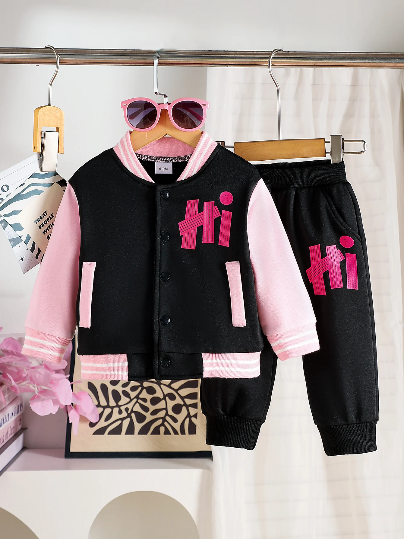 2PCS Autumn New Style For Girls Aged 0-3 Years Old, Comfortable Trendy Black Pink Coat + Trousers