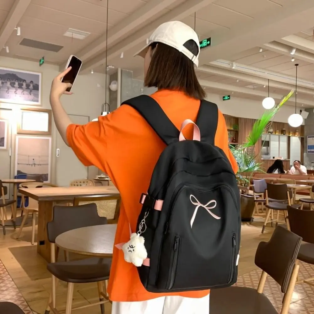 

Trendy Casual Student Schoolbag Solid Color Simple Bow Backpack Large Capacity Book Bag Nylon Shoulder Bag Unisex