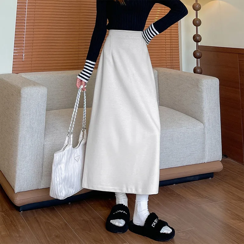 女性のスプリットミディスカート弾性ハイウエストウールロングスカート女性服女性秋冬ファッション A ラインヒップスカート