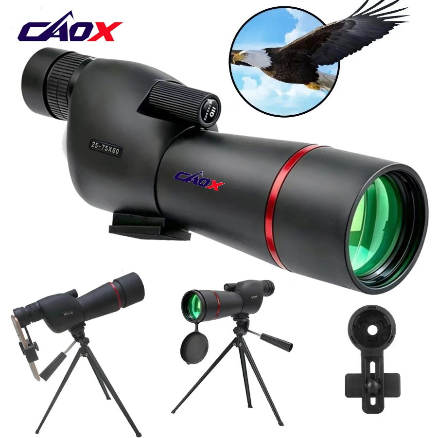 CAOX 25-75x60 Telescope Spotting Scope Large Field Powerful Zoom Monocular With Phone Adapter Tripod For Bird Watching Camping