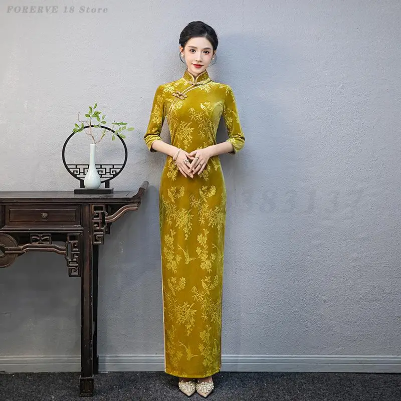 

Винтажные бархатные жаккардовые Qipao в китайском стиле, женские элегантные Cheongsams с воротником-стойкой, длинные платья, вечерние платья