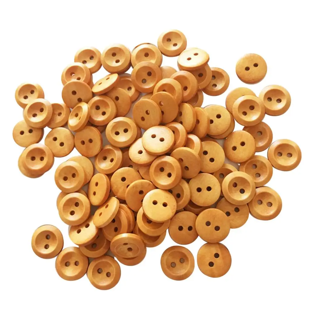 100Pcs Wood Buttons Sewing 2 Holes Round Brown for Clothing Accessories 15mm