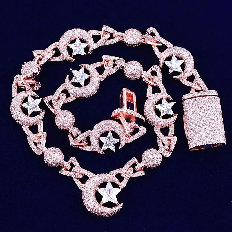 

Hip Hop 3A+ CZ Stone Bling Iced Out Moon Star Link Chain Choker Necklaces for Men Rapper Jewelry Rose Gold Silver Color