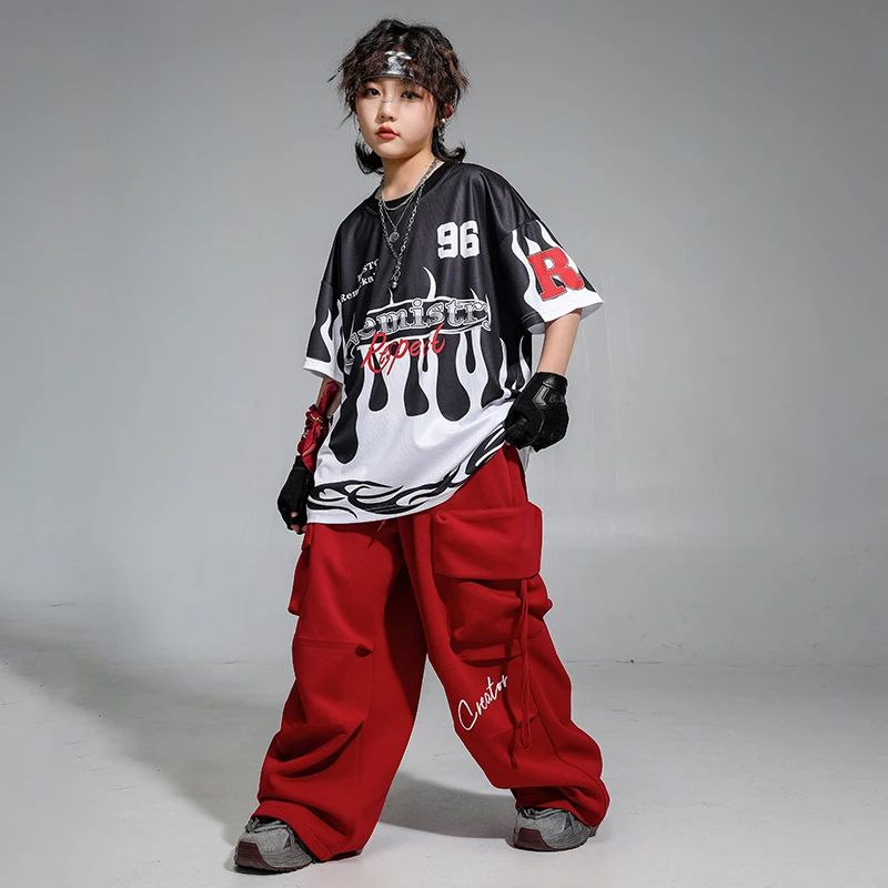Jungen Teenager Hip Hop Kontrast T-shirt Feuer Jogger Hosen Mädchen K-pop Street Dance Kostüme Kinder Jazz Kleidung Kinder streetwear