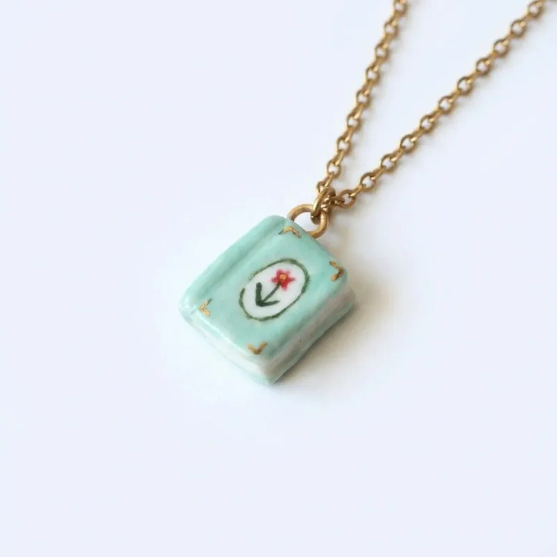 Cute Book Pendant Necklace Mushroom/Flower Pendant Handmade Retro Stainless Steel Chain Waterproof Jewelry Gift