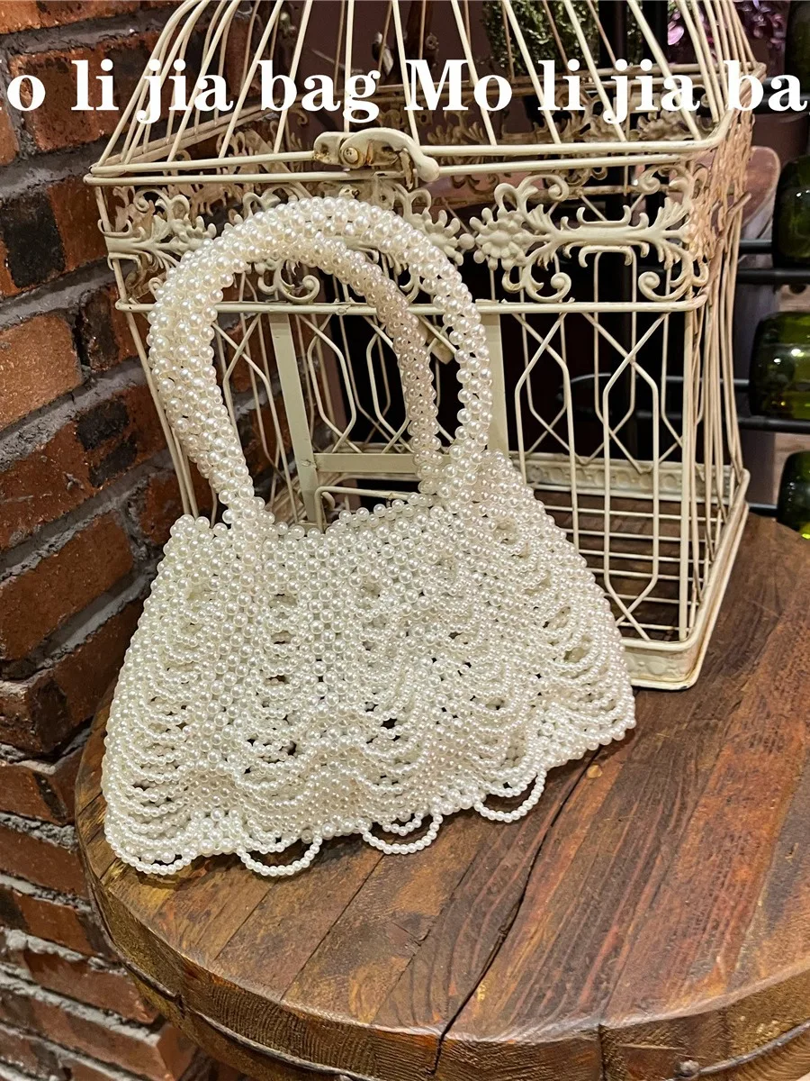 FIRMRANCH Retro French Hollow Wave nappa Fan Design borsa di perle intrecciate a mano borsa da banchetto portatile da donna con perline trasparenti