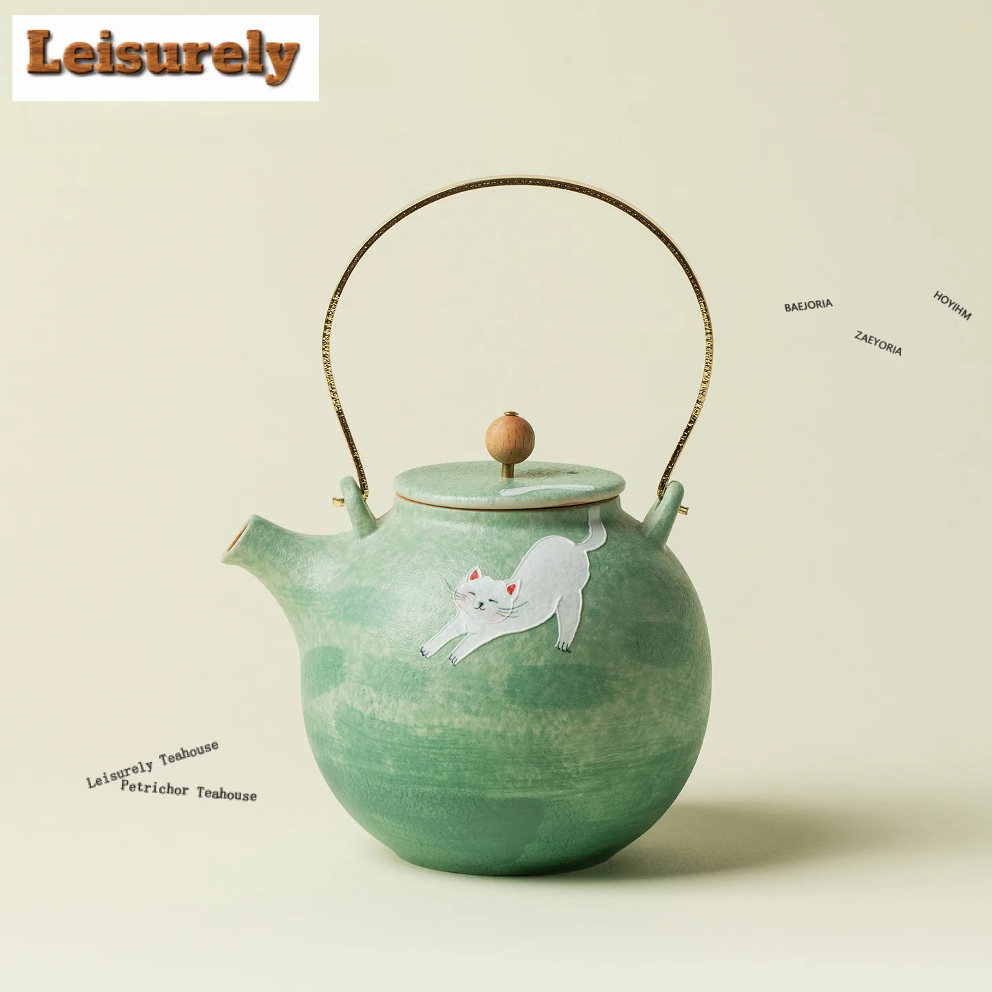 400ml Green Hand-painted Cat Teapot Luxury Tea Infuser Pot Tea Maker Kettle With Ball Hole Chinese Tea Set Accessories Ornaments