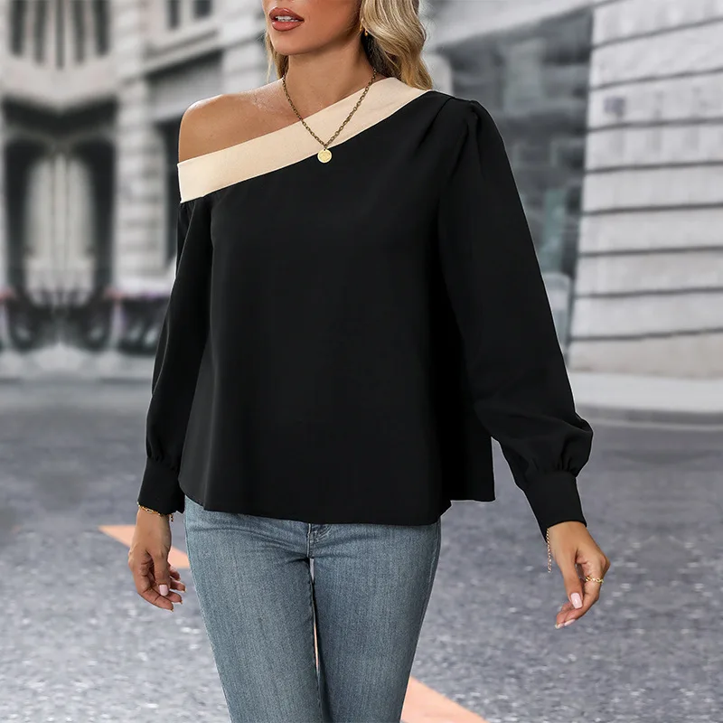 

Women's Shirts Sloping Shoulder Trendy Autumn Loose Temperament Long Sleeve Casual Shirt Elegance Top Women Office Lady Blouses