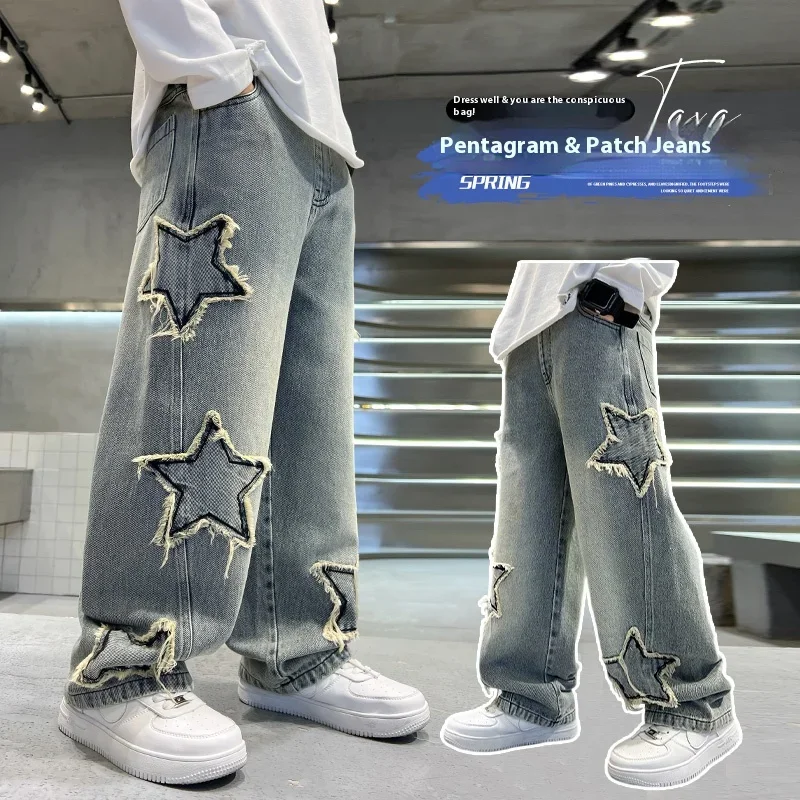 Boys\' pants spring and autumn five-pointed star splicing raw edge jeans boys wide-leg pants washed denim youth pants 7-14 years