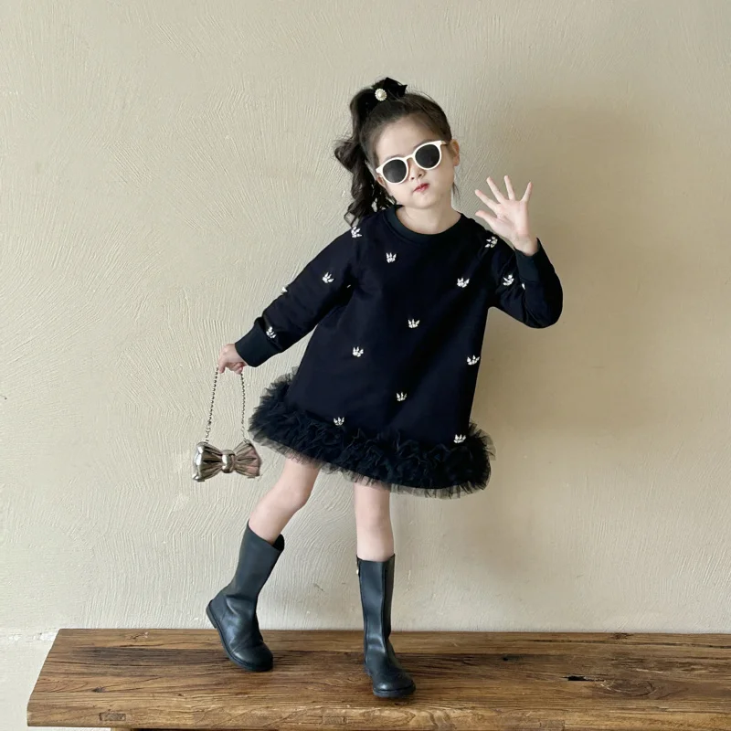 

Girls' Black Rhinestone Mesh Cake Dress2025Autumn New Girls Long Sleeve Sweatshirt Dress Princess Skirt