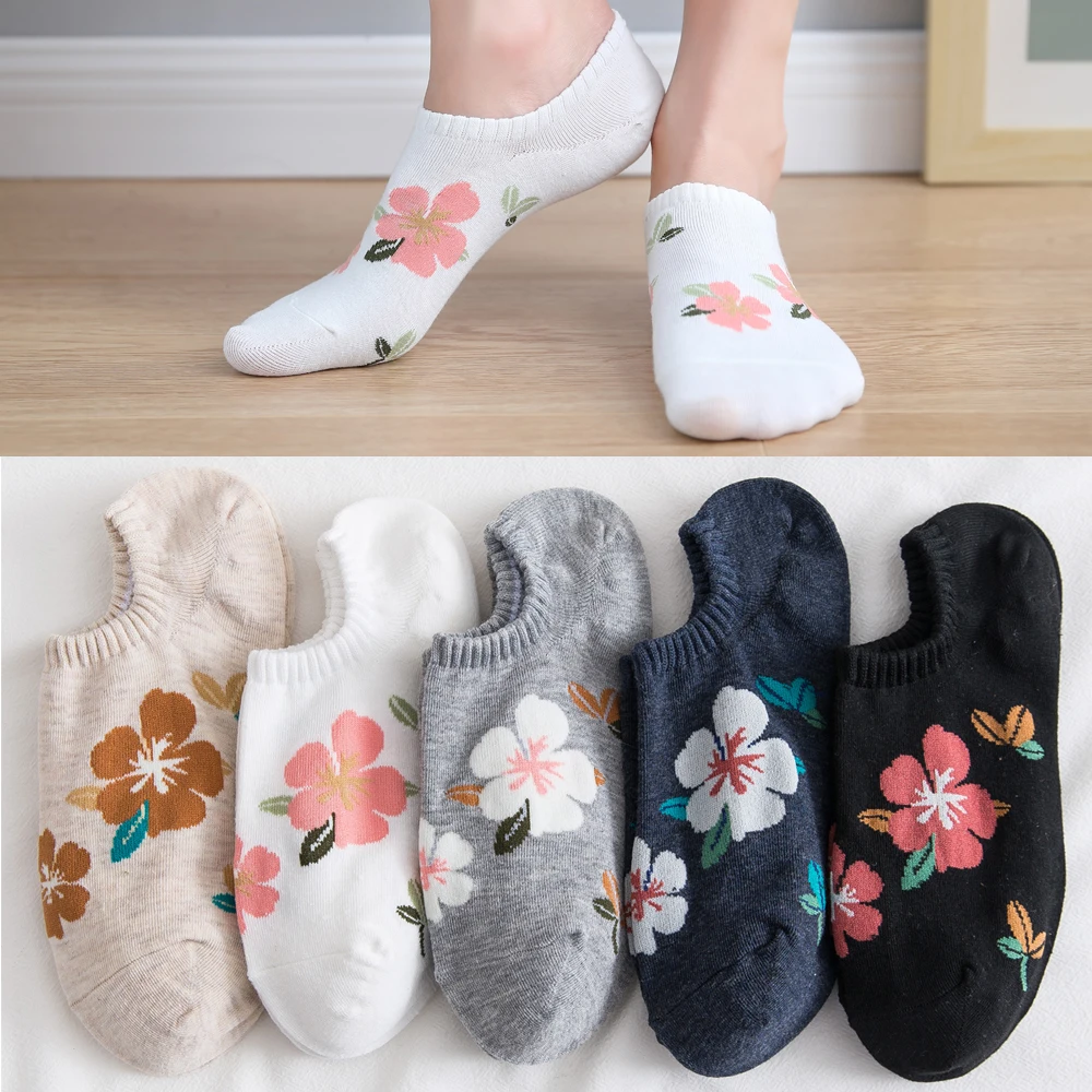 5 paare/los Damen Baumwoll socken unsichtbare atmungsaktive Boots socken koreanische Frühling Sommer dünne Baumwolle Blumen socken