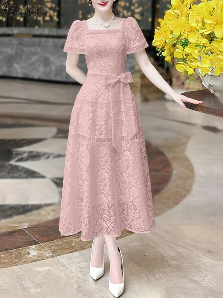 ZANZEA Elegante Spitze Lange Kleider Frauen Taille Bogen Party Sommerkleid 2025, Sexy Quadrat Kragen Kurzarm Casual Solide Midi Robe