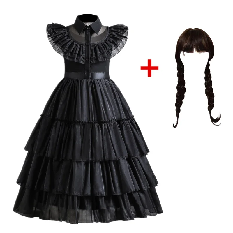 Halloween Wednesday Addam Girl Costume for Kids Girls Fancy Carnival Party Tulle Dress Black Gothic Outfits Children Clothing