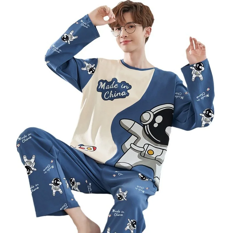 Plus Size Men Pajamas Autumn Winter Long-Sleeved Loose Leisure 2PCS/Set Letters Astronaut Blue O-Neck Soft Casual Sleepwear Xxxl