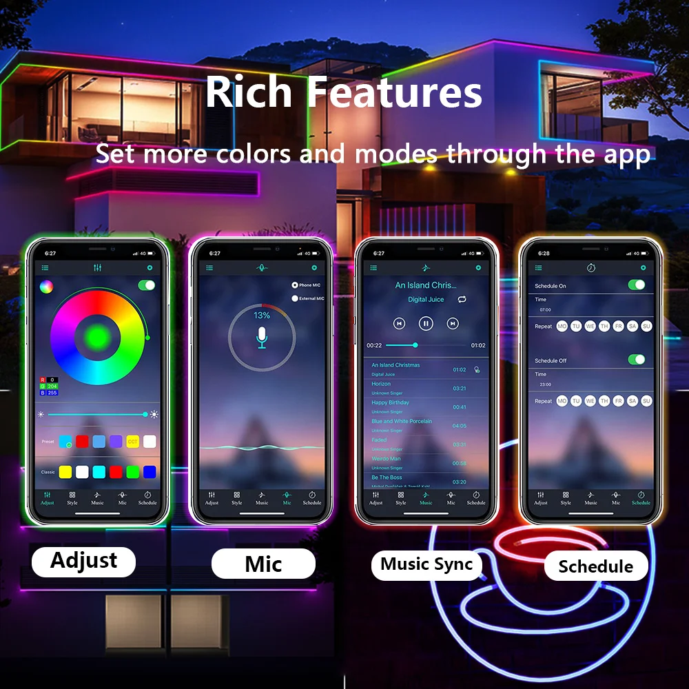 5V RGB IC Neon LED Strip Light USB 2-5M Waterproof Flexible Ribbon Tape Lights Music Sync with App Remote Control For Home Decor