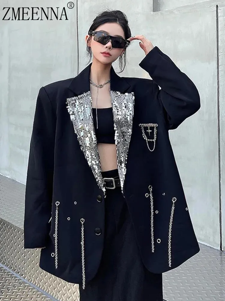 ZMEENNA Women Black Sequin Spliced Metal Chain Big Size Blazer New Lapel Long Sleeve Jacket Fashion Tide Spring Autumn2024 ZM578