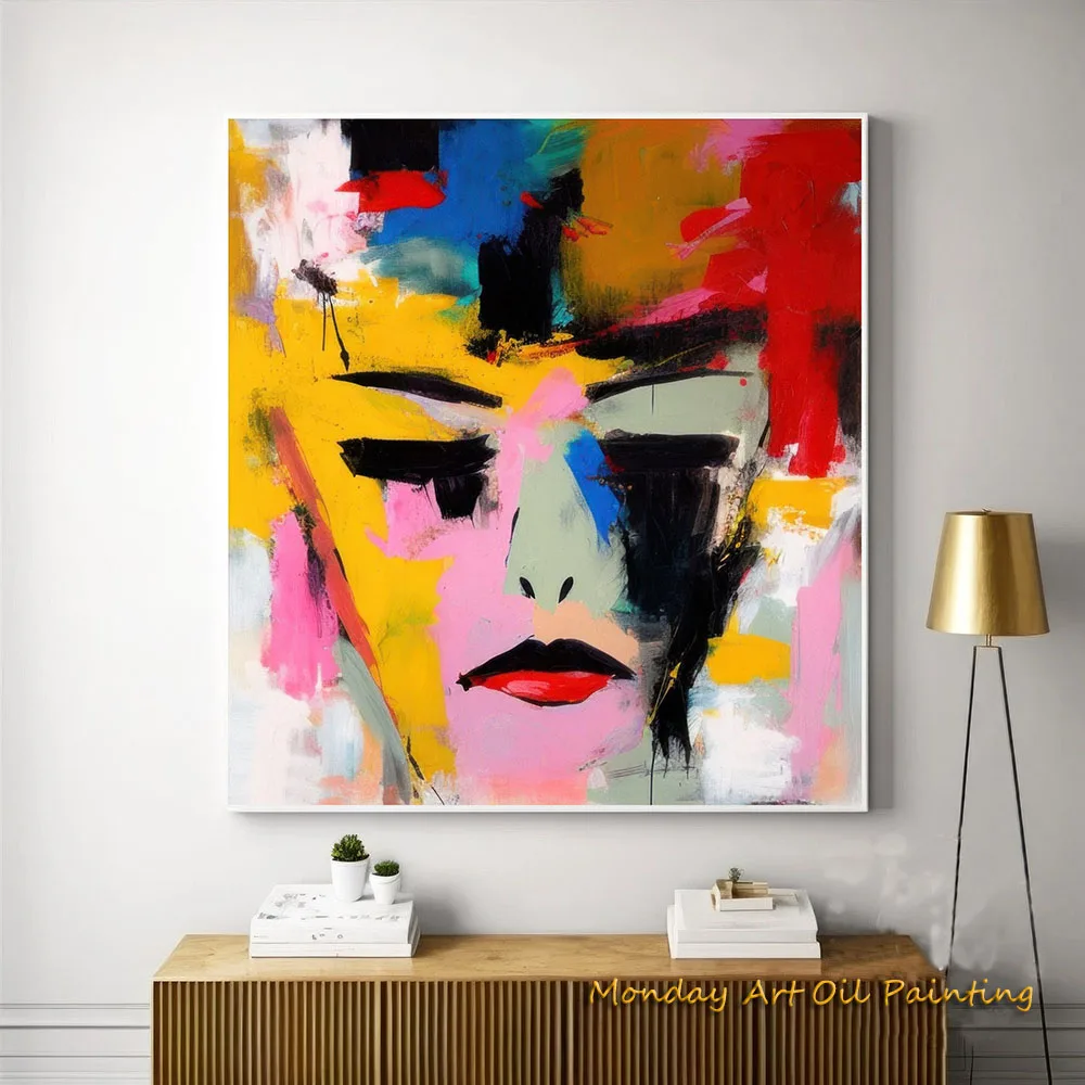 Colorful Face Hand Painted Abstract Oil Painting Figurative Wall Art  Living Room Yellow And Red Face Decor Fedex Shipping Cost