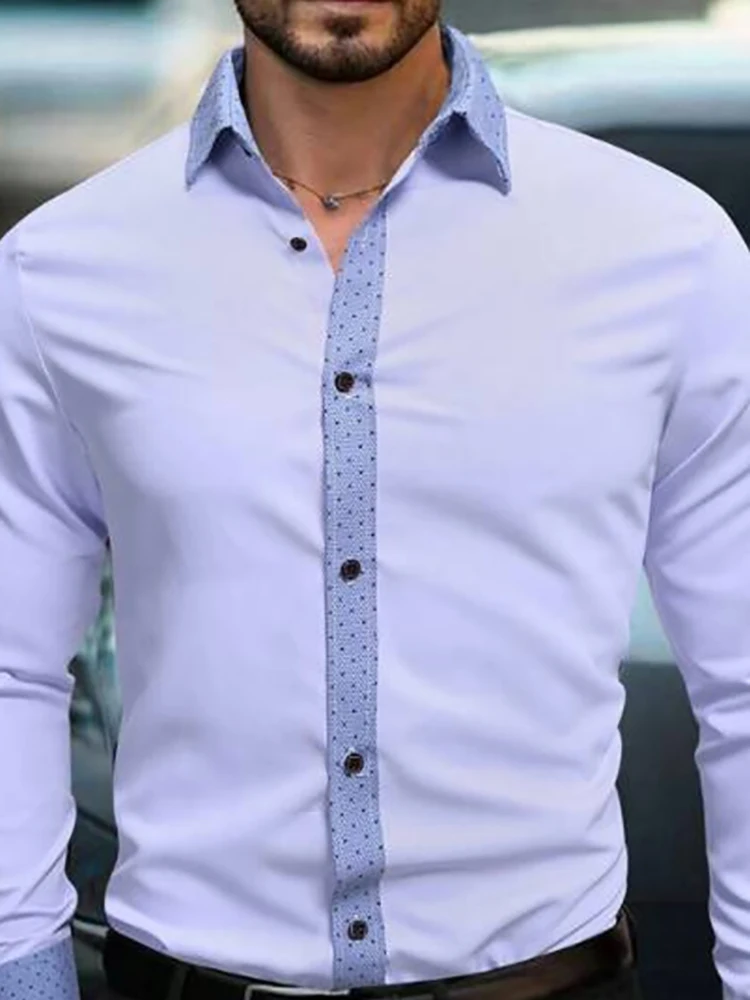 

Men's Elegant Business Shirt Long Sleeve Contrast Polka Dot Lapel Single-Breasted Formal Daily Casual Top For Male Wedding Shirt