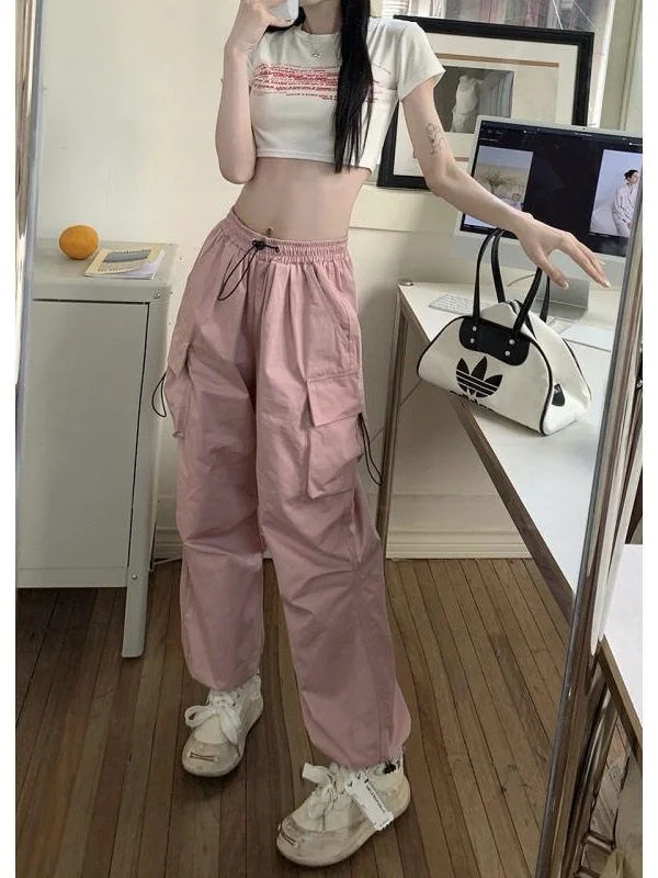 Y2K American Retro Workwear Casual Pants Women Summer Versatile Straight Drapey Cuffed Long Loose Wide Leg Paratrooper Pants