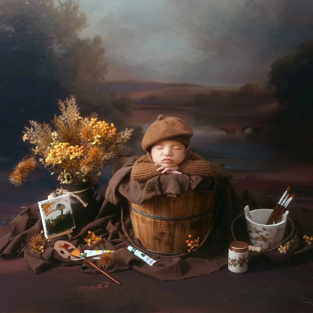 Newborn Photography Props Oil Painting Style Baby Jumpsuit + Beret 2pcs/set Painting Board Prop Studio Kid Photo Accessories