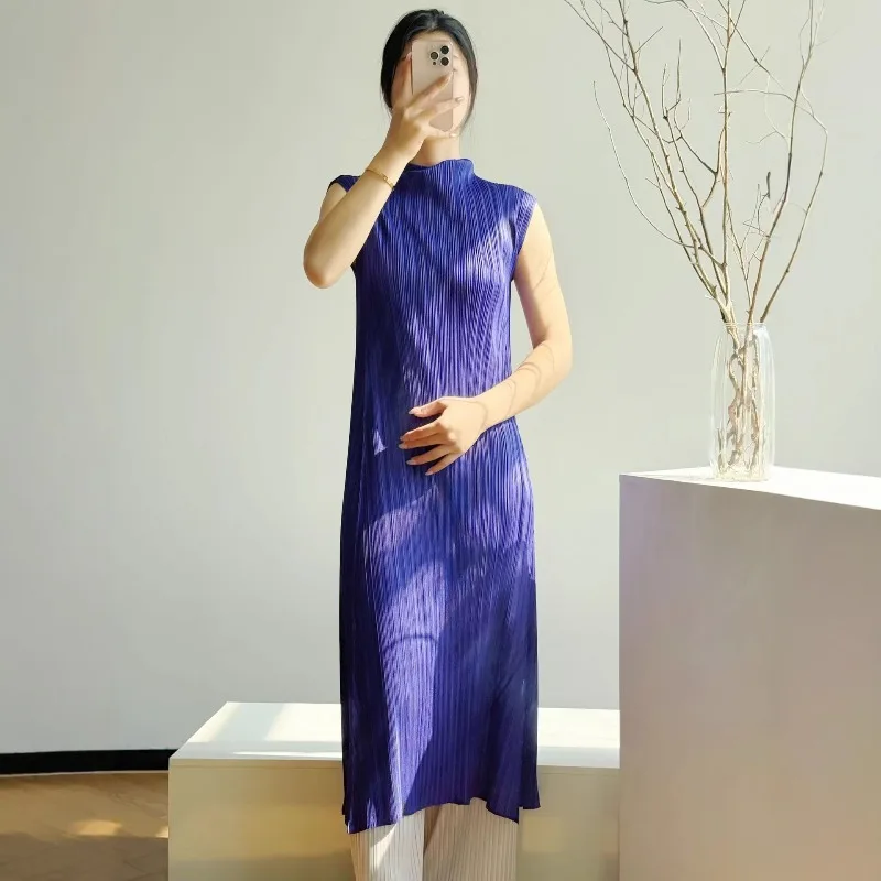 Miyake Pleated 2026 Summer High-End Slimming Half-High Collar Slim Fit Off-Shoulder Long Dress Simple Design Long Dress Pleat