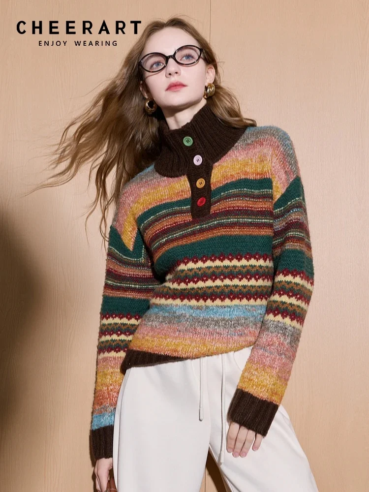 

CHEERART свитер-поло в радужную полоску для женщин, зима 202, пуловеры, трикотаж, модный джемпер, рождественские свитера
