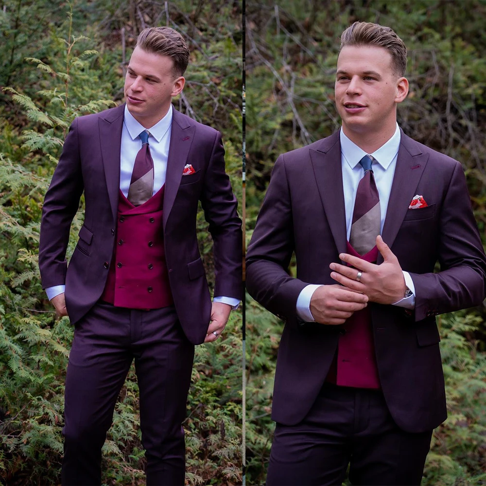 

Latest Purple Business Men Suits With Single-Breasted Groom Three Pieces Jacket Vest Pants Custom Made Wedding Formal Occasiom