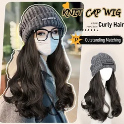 synthetic 16 inch knit cap long curly wig water wave gray hat hat wig baseball cap duck tongue 모자가발 Christmas perruque
