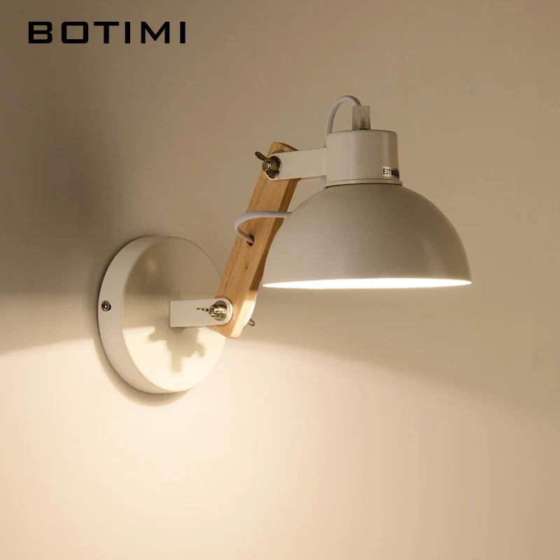 

BOTIMI Nordic Wooden Wall Sconce Adjustable Bedside Light White Metal Lampshade Reading Lighting Fixture