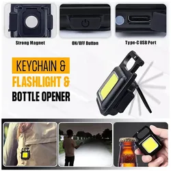 2pcs Mini Portable Pocket USB Rechargeable Flashlight COB Work Light LED Keychains Outdoor Emergency Camping Corkscrew Fishing