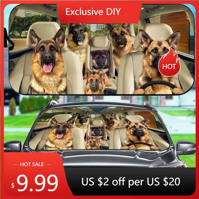 

German Shepherd Car Sunshade, Dogs Family Sunshade, Dog Car Accessories, Gift Owner Dog, Shepherd Lover, Car Decoration LNG18220