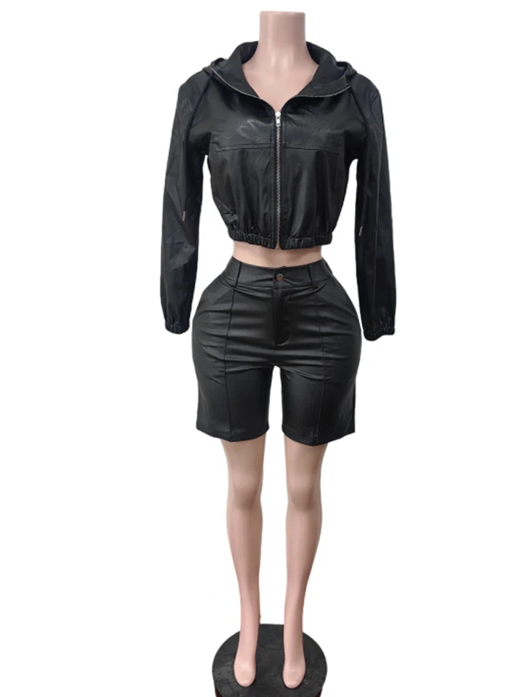 Cutenew Smooth Hooded 2-Piece Set Women Hipster Tracksuit Fall Zip Jacket+Shorts Matching Activity Simple Streetwear Outfits