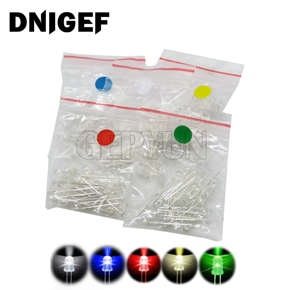 5color X 20pcs 3mm LED Light Emitting Diode Kit Warm white Red Blue Green  Yellow Color Bulb Lamp Set 3V