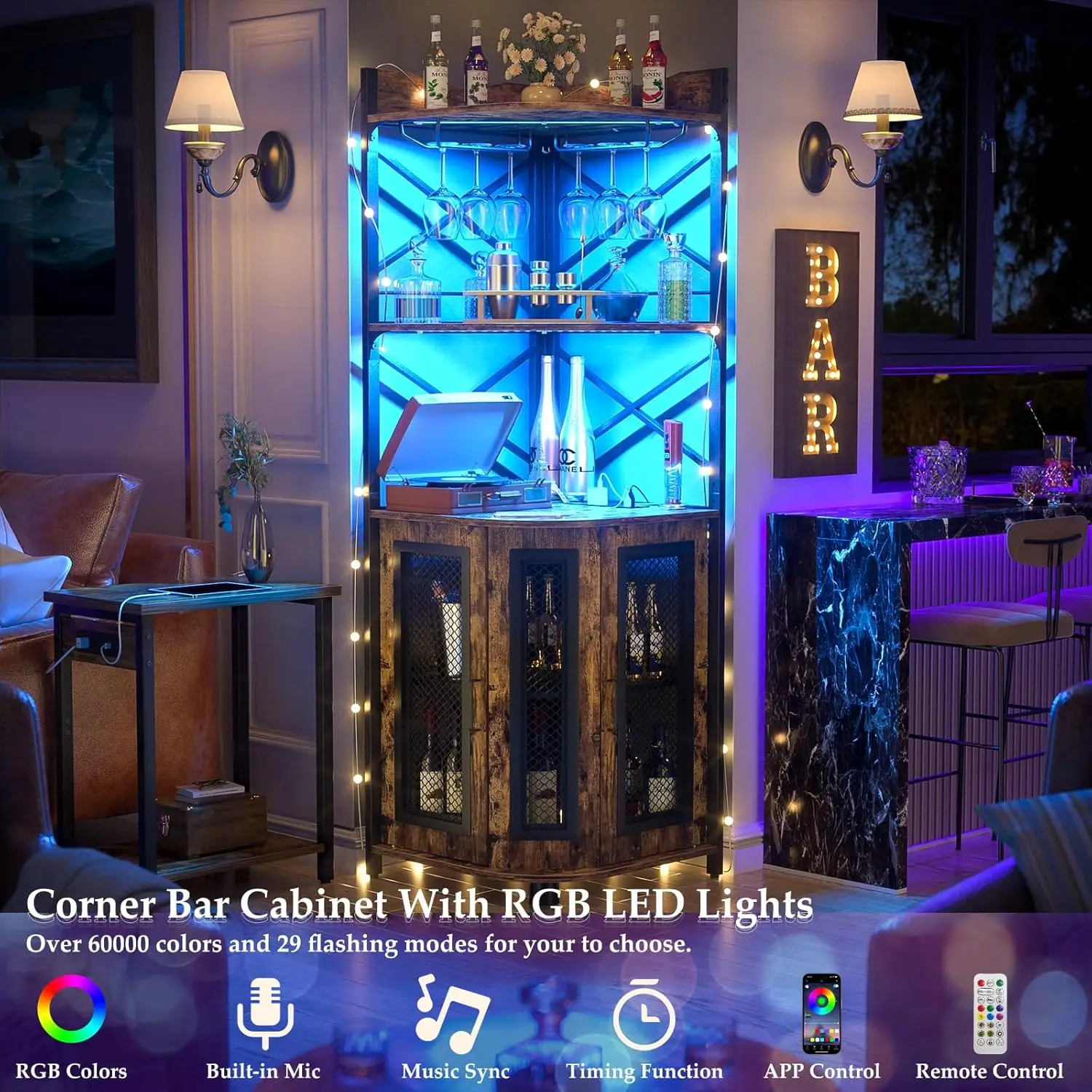 Armário de bar de canto com tomada de energia, armário de vinho industrial com faixa de LED e suporte de vidro, unidade de bar de armário de licor de 5 camadas