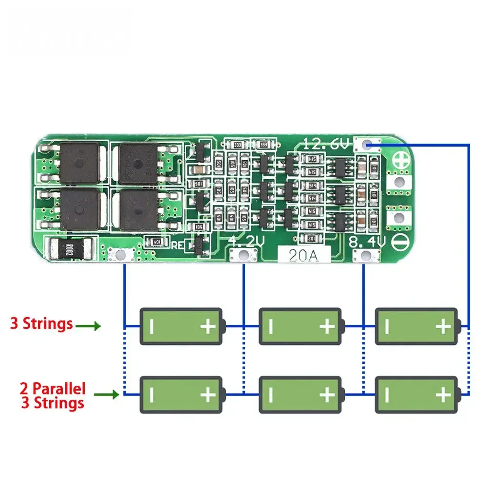 3S 20A BMS Protection Module High-Current – 12.6V Li-ion 18650 Charger Board with Compact 59x20x3.4mm Design