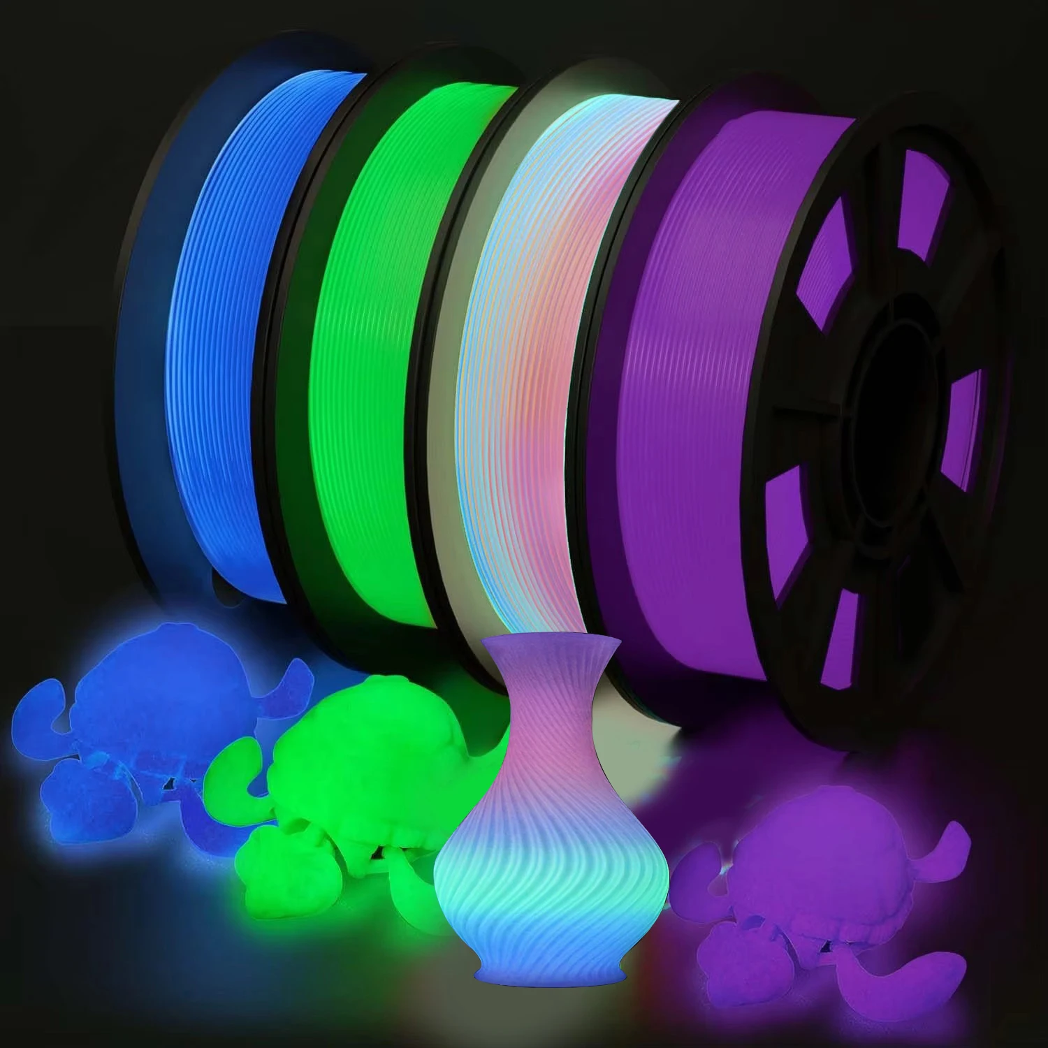Filamento que brilla en la oscuridad multicolor, verde, azul, morado y arcoíris, filamento PLA de 1.75 mm, paquete de filamentos para impresora 3D