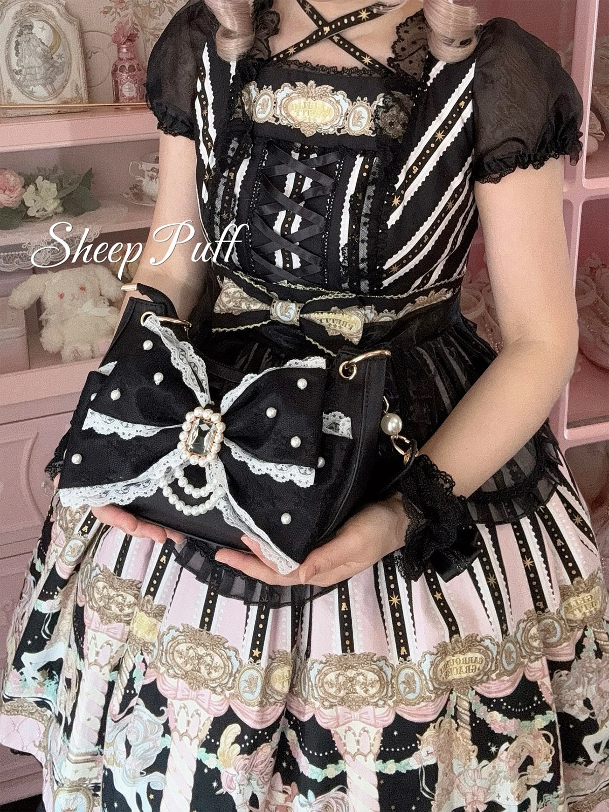 Original Sweet Girl's Cute Big Bow Lolita Crossbody Bag 2025 New Women's Pearl Chain Pink Princess Handbag Lo Shoulder Bags