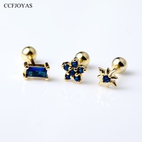 CCFJOYAS 925 Sterling Silver Geometric Stud Earring for Women Mini Cute Dark Blue Zircon Piercing Earrings Fine Wedding Jewelry