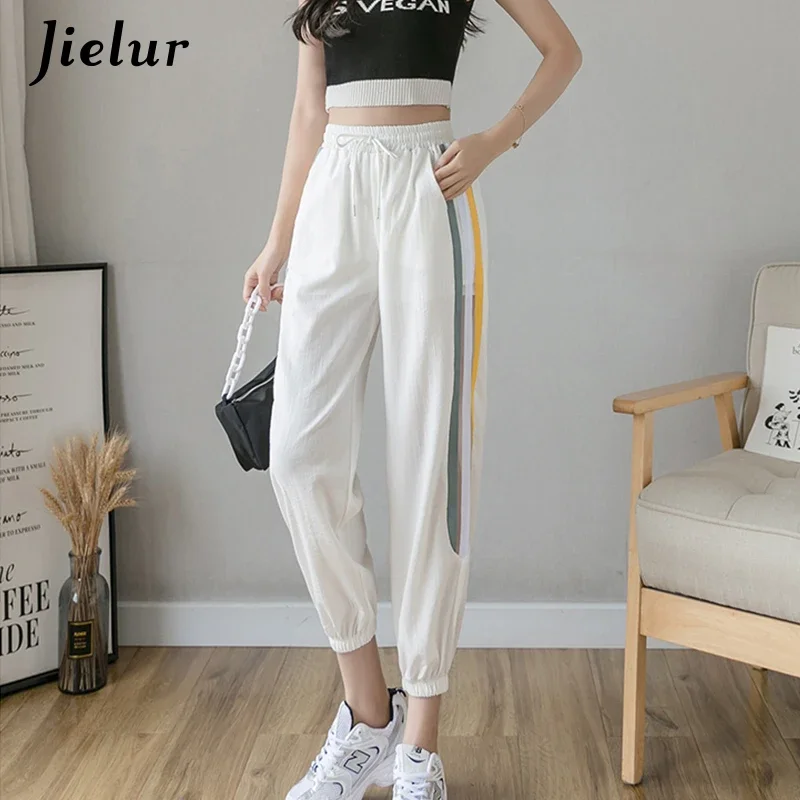 

Jielur New S-XXL Sports Pants Female Thin Ice Silk Casual Black White Pants Stripes Patchwork Harem Pantalon Femme Street