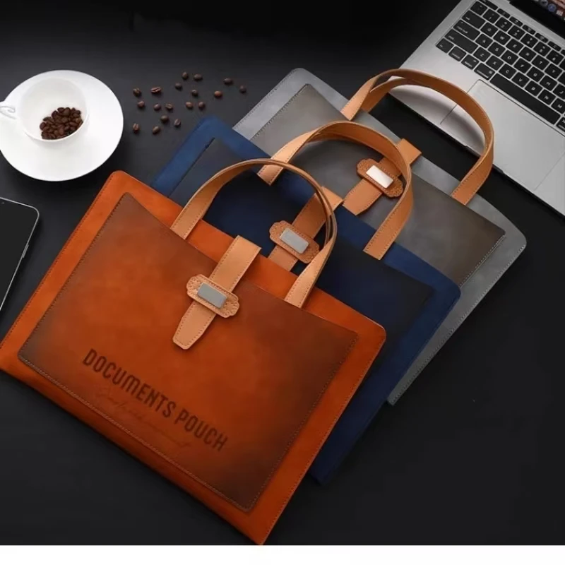 

Professional A4 Leather Portfolio: Thick Waterproof Document Bag with Handles for Office & Commute